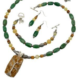 Handmade Jewelry Set ~ German Dendrite Pendant, Green Garnet, Flower Agate